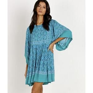 R. Viivimos Dress Turquoise Blue Floral Boho Beach Short Sleeve Dress Size XS